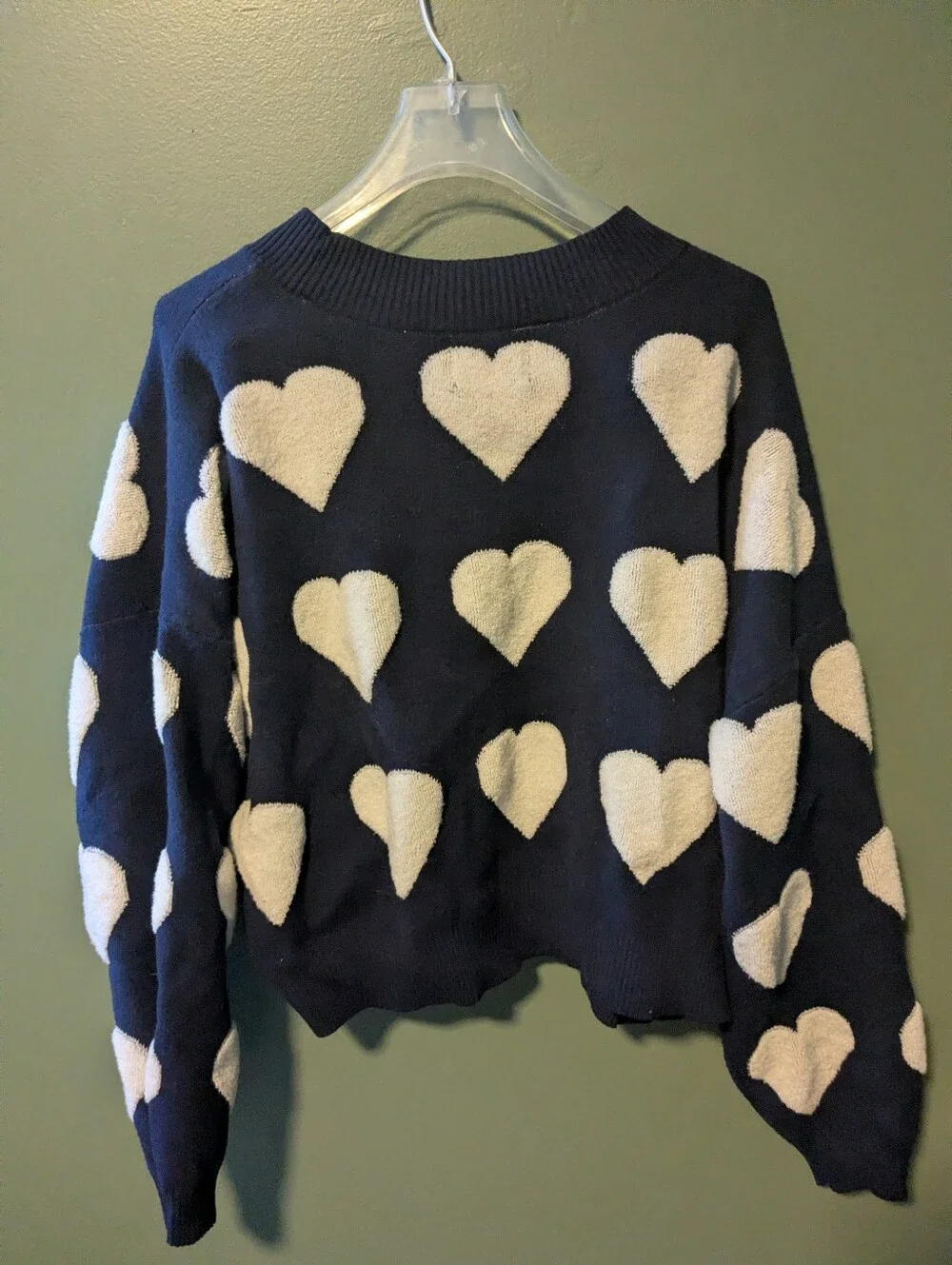 Pink Rose Navy Crewneck Sweater with Cream Hearts and Red Accent - Picture 2 of 3